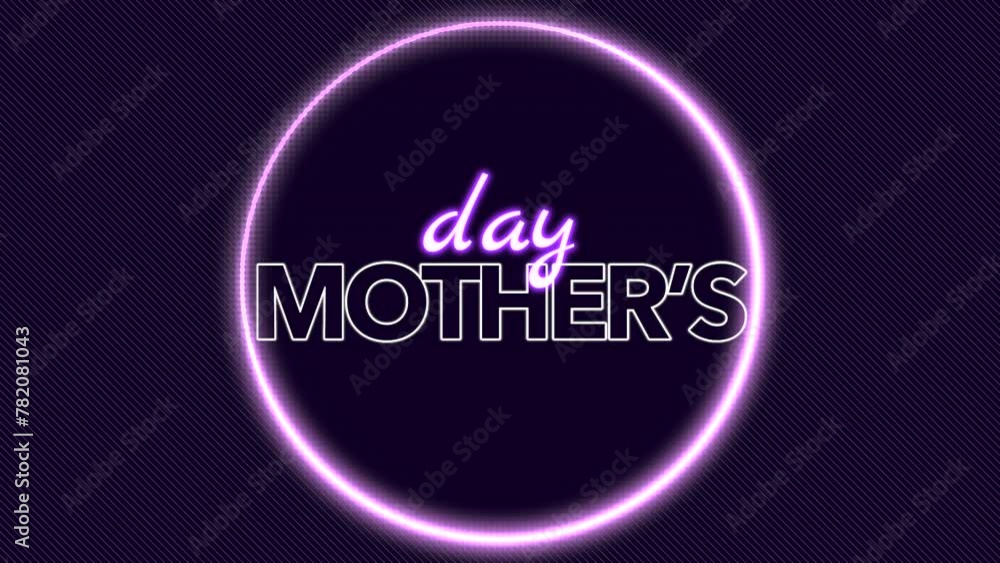 A vibrant neon sign in the shape of a purple circle glows with the words Mother's Day inside it. The captivating sign stands out against a dark purple background A vibrant neon sign in the shape of a purple circle glows with the words Mother's Day inside it. The captivating sign stands out against a dark purple background
