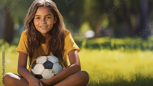 Smiling young girl holding a soccer ball sitting in a sunlit park © Miva