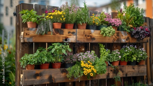  wooden balcony overflowing with an eclectic mix of potted herbs and plants