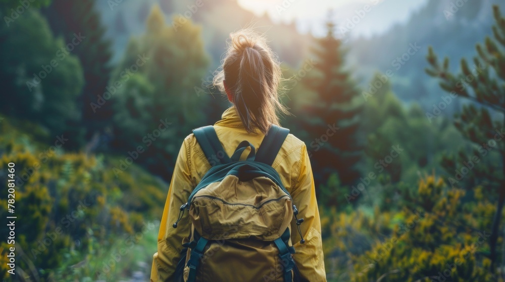 A woman with a backpack walking through the woods, AI A woman with a backpack walking through the woods, AI