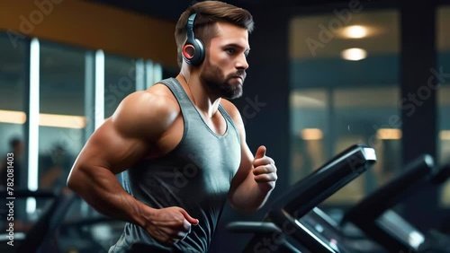 Athletic man wearing headphones runs on treadmill in gym. Portrait of middle aged athletic person doing sports and promoting healthy lifestyle. photo