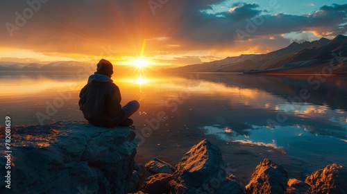 A person sitting on a rock looking at the sun setting  AI