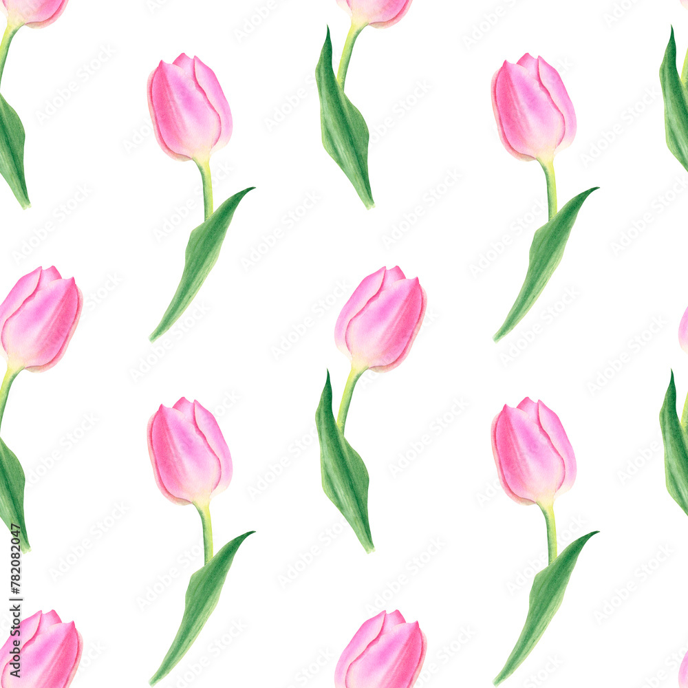 Pink tulip flowers with green leaves. Hand drawn watercolor botanical illustration. Seamless pattern on a white background. For postcards, textiles, covers, wallpapers, design, decor, wrapping paper, Pink tulip flowers with green leaves. Hand drawn watercolor botanical illustration. Seamless pattern on a white background. For postcards, textiles, covers, wallpapers, design, decor, wrapping paper,