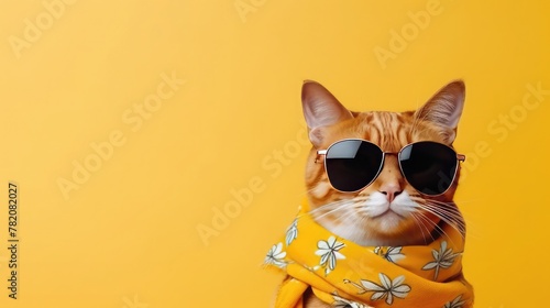 Cute ginger cat in stylish sunglasses and bandana on yellow background. Space for text