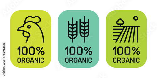 100 percent organic farm products - chicken, whole spelt flour, farmland labels
