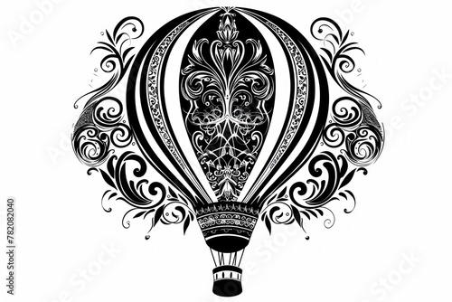 black and white image of a hot air balloon