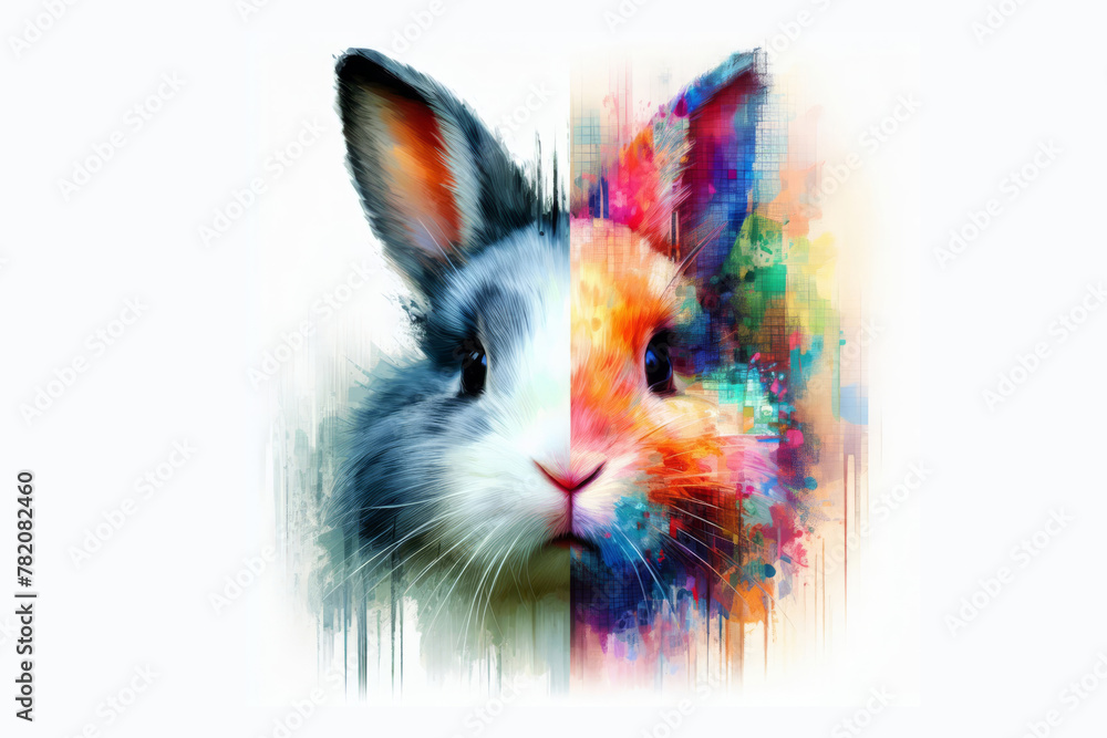 Abstract colorful portrait of the Easter bunny made in two different styles. Watercolor drawing.