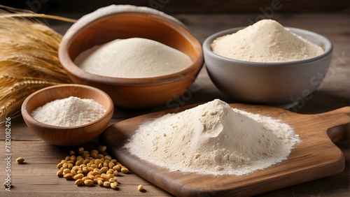 A selection of wheat, whole soybeans with various piles of flour in bowls on a wooden cutting board