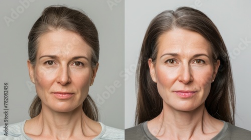 A woman is shown before and after receiving hair loss treatment. The background is a solid gray.