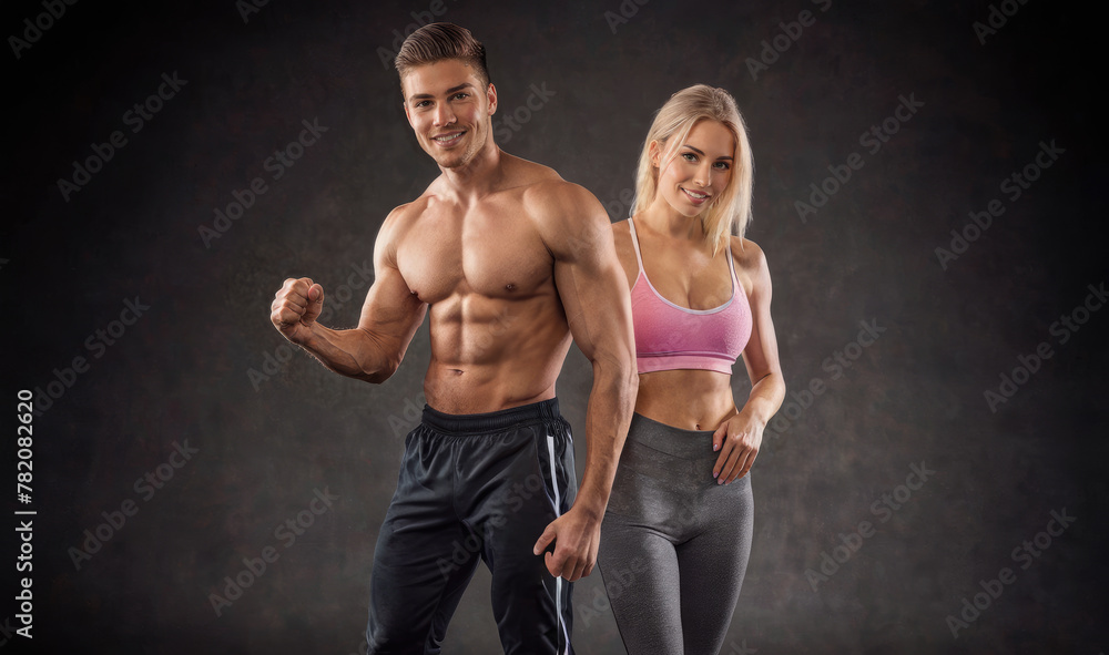 Athletic male and female demonstrating strength, fitness exercises with dumbbells. Perfect image for gym advertisements, wellness campaigns