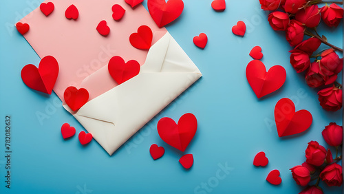 A creative flat lay of an open envelope surrounded by red paper hearts on a blue background, symbolizing love letters photo