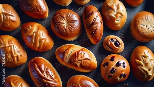 Top view of fresh appetizing pastries on dark background. Yeast buns with sesame and raisins slowly swirl. photo