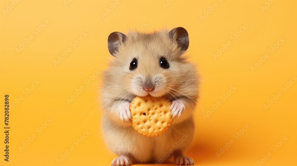 Dwarf gray hamster isolated on yellow background.Cute baby hamster, standing facing front.hamster eating food Dwarf gray hamster isolated on yellow background.Cute baby hamster, standing facing front.hamster eating food