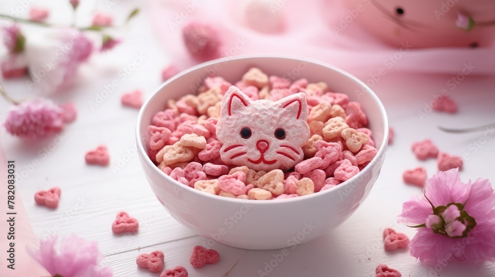 Festive and Healthy breakfast for loved ones. Charming kitten, Cereal biscuits in pink glaze, cornflakes, yogurt, fresh berries on the background of white boards. Close-up, top view Festive and Healthy breakfast for loved ones. Charming kitten, Cereal biscuits in pink glaze, cornflakes, yogurt, fresh berries on the background of white boards. Close-up, top view