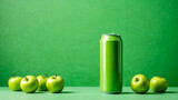 Mockup two green blank soft drink in aluminum can surrounded by apples and design of apple fruit green packaging. Refreshing soft drink metal can design. copy space