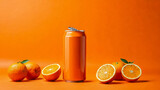 Blank aluminum soda can mockup on orange background. Tin package of beer or drink surrounded by oranges. Can of soda on orange background