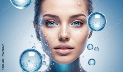 woman skincare facial treatment concept. Skin care and beauty. Closeup of young woman, glowing face after gel, facial cream. perfect skin, touches her skin, enjoys rejuvenation effect, blue background