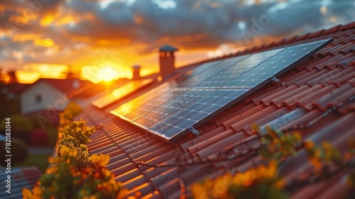 Solar Panels on House Roof at Sunset. Solar Energy Alternative Energy Renewable Concept. Photovoltaic Technology