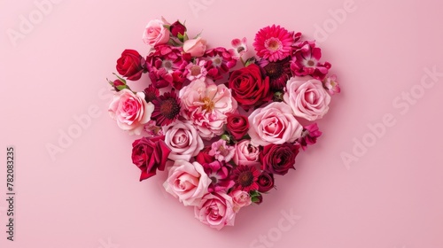 Heart shape made of rose flowers for wedding and birthday celebration pink background © rabbit75_fot