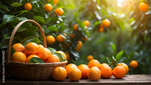 Ripe oranges in a wicker basket placed on an old rustic wooden table with orange trees in the background