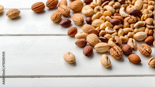 An abundance of various nuts like almonds, cashews, and walnuts casually spread on a white surface, showing texture and nutty tones