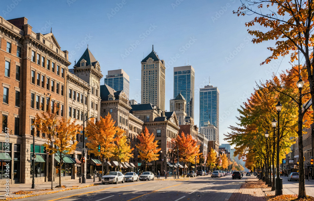Autumn city scene with vibrant fall trees lining urban streets, tall buildings in background, clear blue sky, cars parked along road
