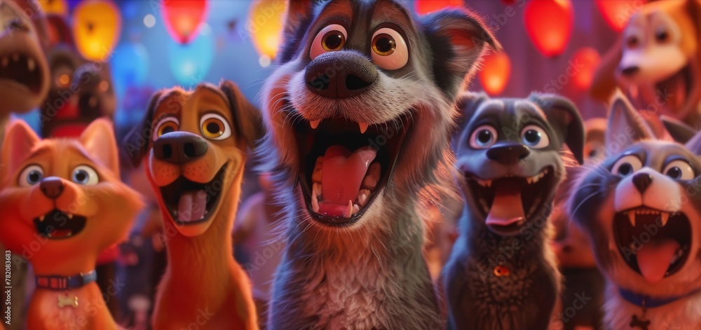 A delightful animation of cute and happy animals gathered around, laughing heartily at a comedy show put on by their fellow furry friends, with wide smiles on their faces and their eyes sparkling