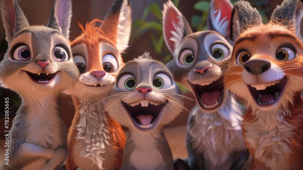 A delightful animation of cute and happy animals gathered around, laughing heartily at a comedy show put on by their fellow furry friends, with wide smiles on their faces and their eyes sparkling