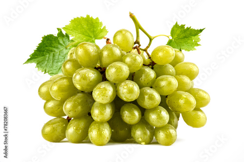 Green grape with leaves isolated on white. Green grapes glisten against white backdrop. Highlighting plumpness and freshness