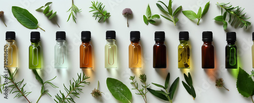 Neat row of various essential oil bottles alongside fresh herbs on a white background.