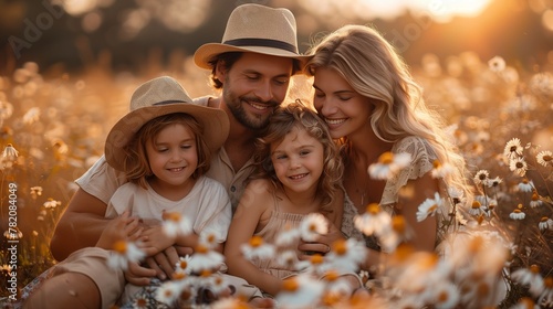 Family sharing fun moments in a flower field, smiling and wearing sun hats photo