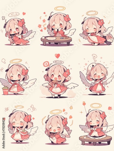 Collection sets of cute cartoon character angel with wings. Multiple emotions.