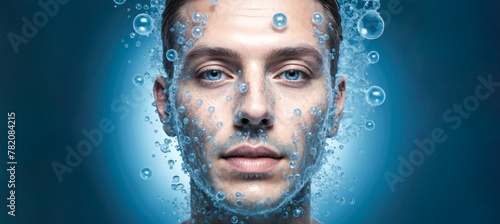 man skincare facial treatment concept. Skin care and beauty. young man, glowing face after gel, facial cream. perfect skin, enjoys rejuvenation effect, blue background