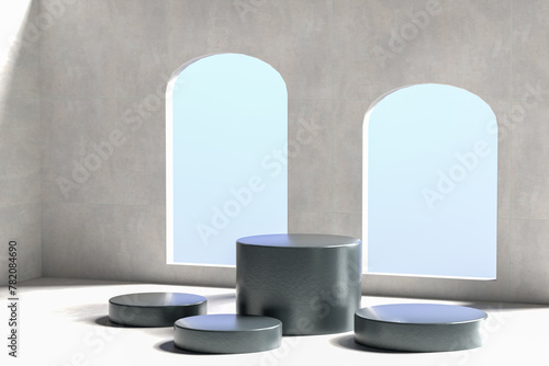 Four black round podiums for product. Product placement and presentation. Product placement. plaster wall, geometric objects and podium for product placement. 3d rendering