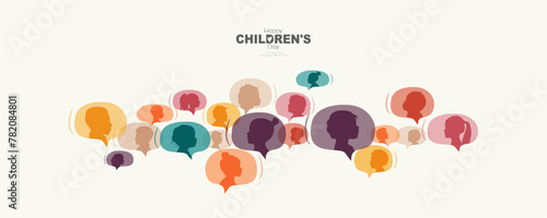 Happy Children's Day card. Different children inside chat bubbles. Modern color design. 
