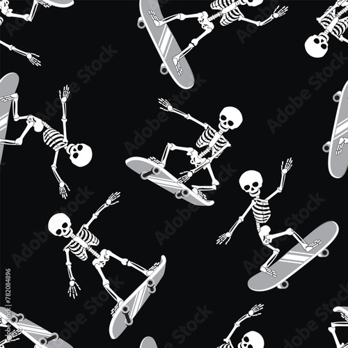 Cartoon Skeleton skateboarding. Seamless pattern. Vector illustration.