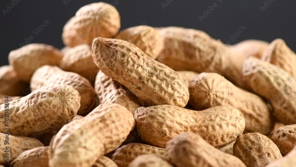 Peanuts. Unshelled nuts close up, rotating over black background. Roasted pile of peanuts in shell. Organic vegan, vegetarian food. Healthy nutrition concept. Macro shot. Peanuts. Unshelled nuts close up, rotating over black background. Roasted pile of peanuts in shell. Organic vegan, vegetarian food. Healthy nutrition concept. Macro shot.