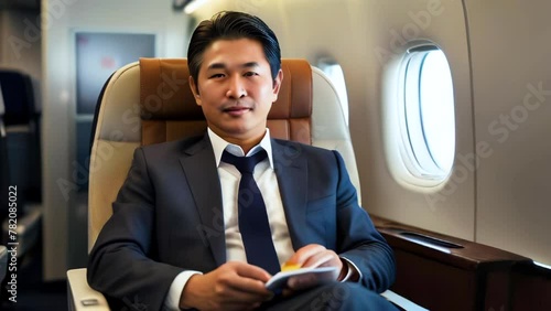 Portrait of middle aged asian businessman in comfortable chair in business class on airplane. Business trip of successful man in suit on charter flight. photo