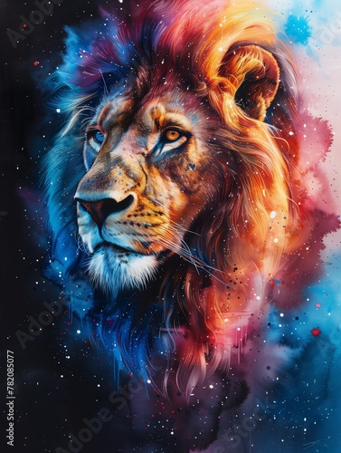 Painting of Lion portrait  with glittering stars and vibrant colors