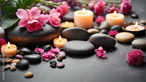 An inviting spa composition with pink flowers  candles  black stones  promoting relaxation and tranquility in a serene setting