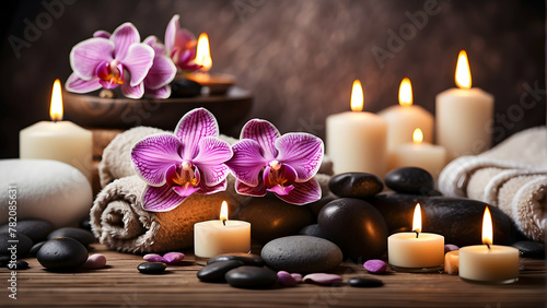 A serene spa scene with vibrant orchid flowers  multiple lit candles  towels  stones  and a wooden bowl Perfect for wellness and tranquility themes