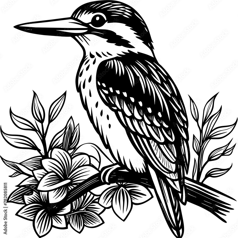 Naklejka premium kingfisher sitting on a branch near water Colouring page for kids -vector illustration