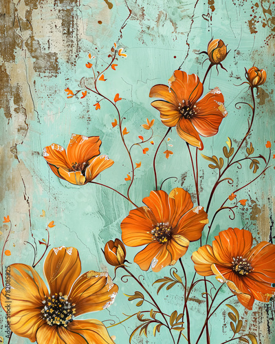 Vintage Orange Flowers on Mint Background in Distressed Grunge Style