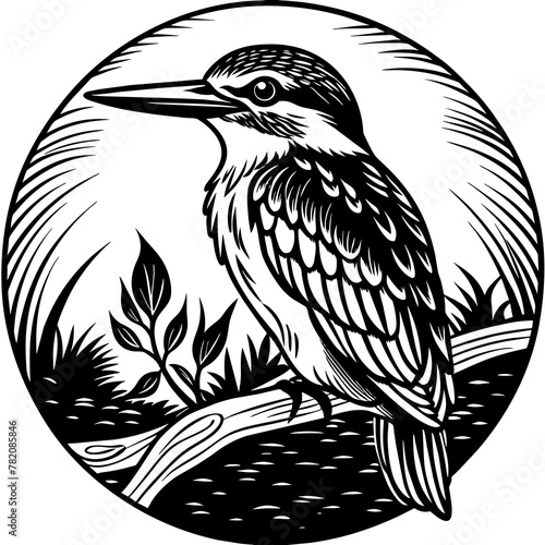 kingfisher sitting on a branch near water Colouring page for kids -vector illustration