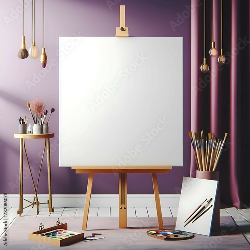 Easel with blank canvas and brush in art studio, suitable for mock up