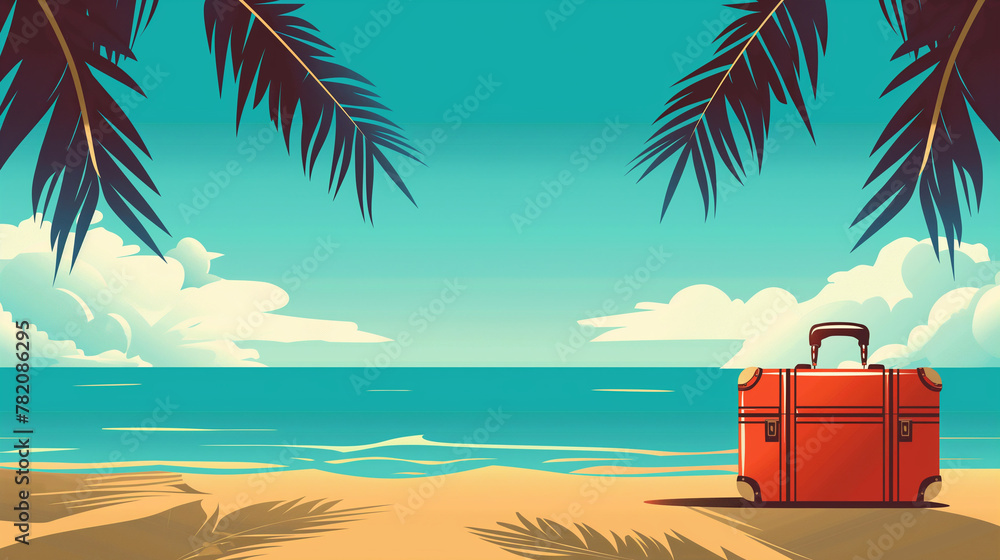 Obraz premium red suitcase on the beach on the background of the sea , vector