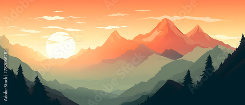 Illustration with mountain landscape in sunrise. Drawing with beautiful landscape. © Lunstream