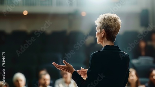 The poised professional captivates her audience with confident gestures, drawing them into her compelling presentation.
 photo