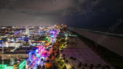 Aerial time Lapse of Miami Beach, Florida Nightlife at Night with colorful lights, clouds, people, and cars.