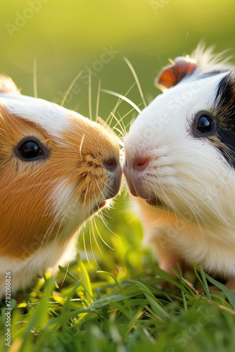 Two guinea pigs nose-to-nose amidst vibrant green grass bathed in golden sunlight © sommersby